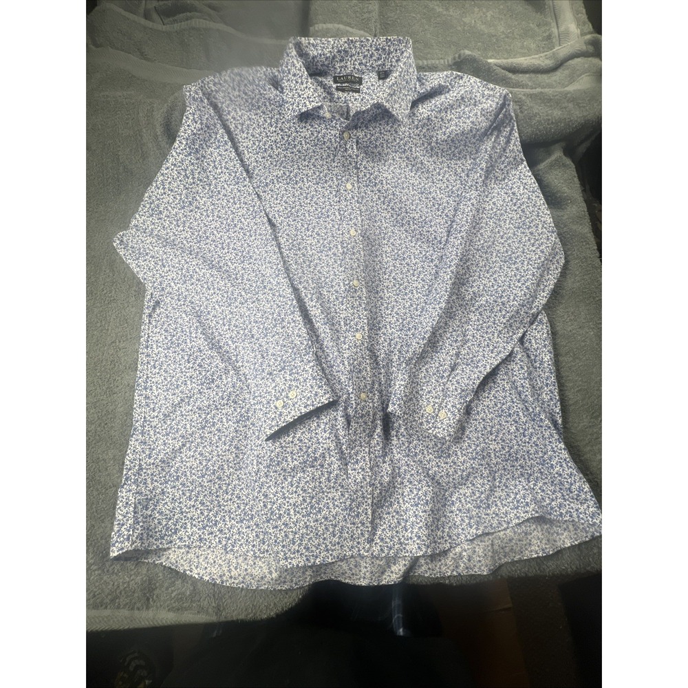 Ralph Lauren Black Label Women Blue Floral Shirt Button Up 18 1/2  34/35 Big Fit
